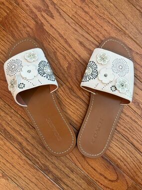 Coach Cream Floral Embellished Slide Sandals